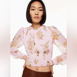 Aritzia Wilfred Shirt Women Pink Floral Tempest Smocked Lined Boho Bohemian